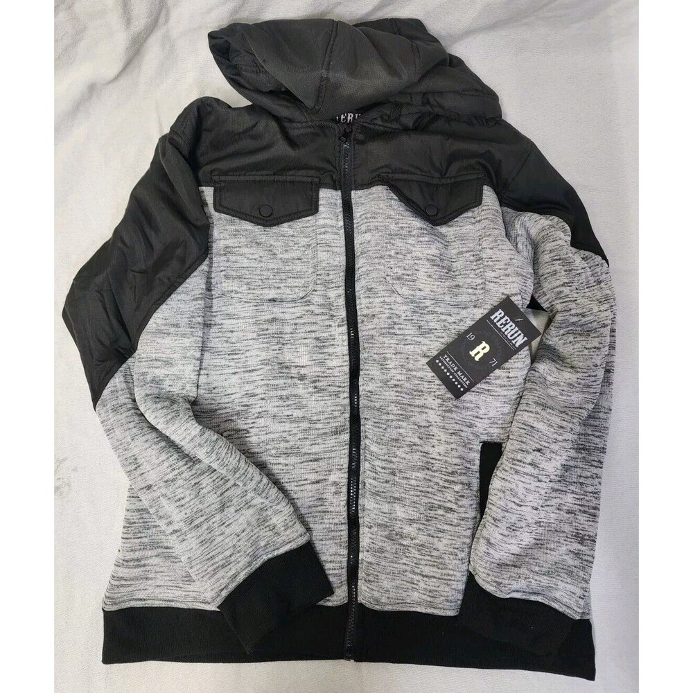 NWT RERUN Boys Full Zip Hooded Puffer Jacket Coat Grey Black Size X-Large Sherpa
